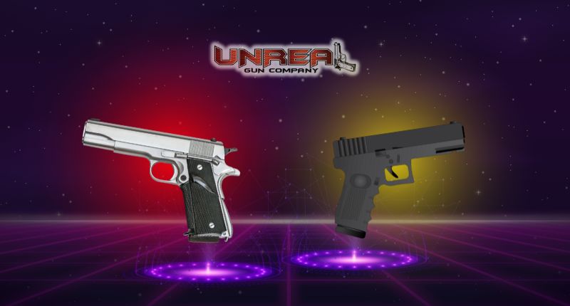 Image comparing real or imitation firearms showcasing a silver handgun and a black imitation firearm.