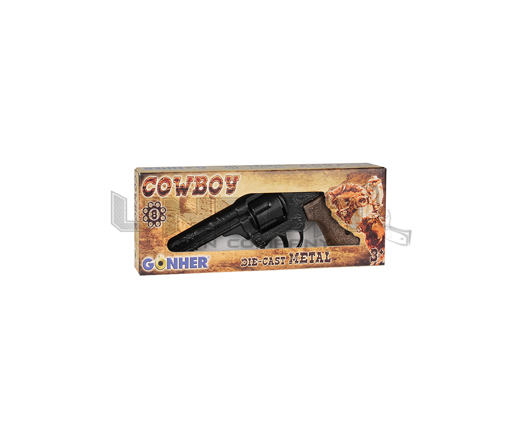 Cowboy Revolver - 8-Shots - Diecast Metal - Black/Brown with Box